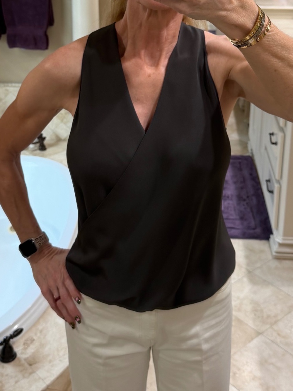 Peter Cohen Silk Surplice Blouse Sleeveless Draped Top Dark Gray Taupe Size M
